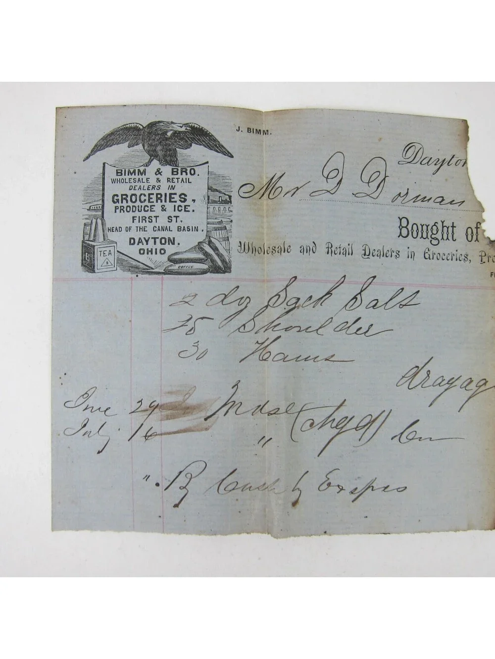 Bimm & Bro Wholesale Groceries Produce & Ice Dayton Ohio Invoice Antique 1859